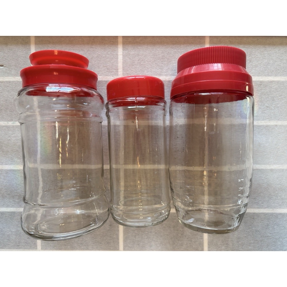 VTG 70s MCM Anchor Hocking 32oz Glass Measuring Jar Canister Red Lid + 2 Jars